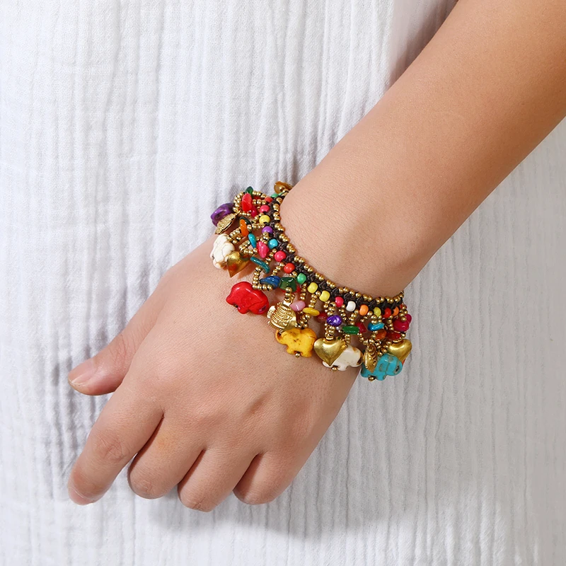 铜合金手链 编织泰国民族风小大象波西米亚度假风脚链藏式手绳女