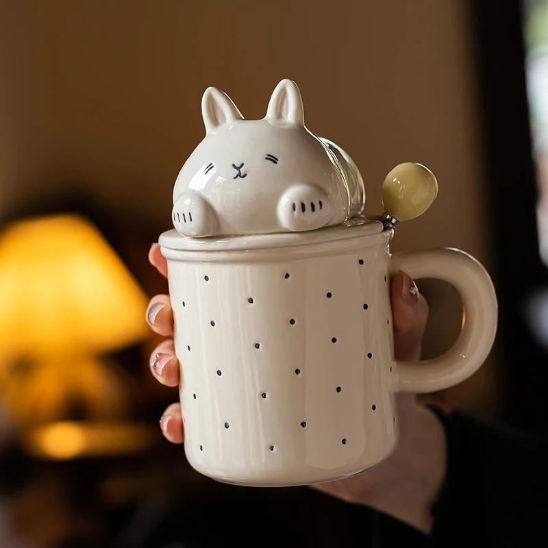 精东家可爱趴趴兔陶瓷马克杯带盖勺高颜值早餐杯网红设计感喝水杯