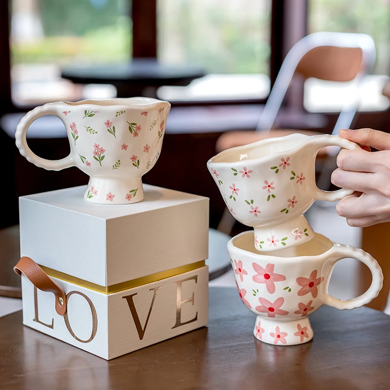 精东家原创设计复古碎花手捏马克杯高颜值家用陶瓷喝水杯创意礼盒