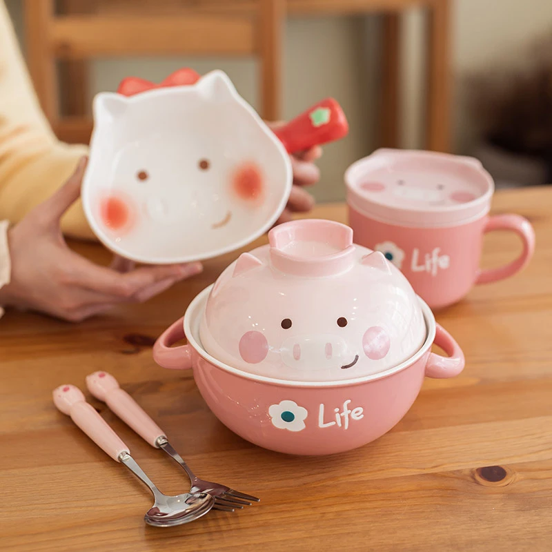 日式小猪陶瓷泡面碗可爱学生宿舍带盖大容量饭碗家用双耳大碗汤碗
