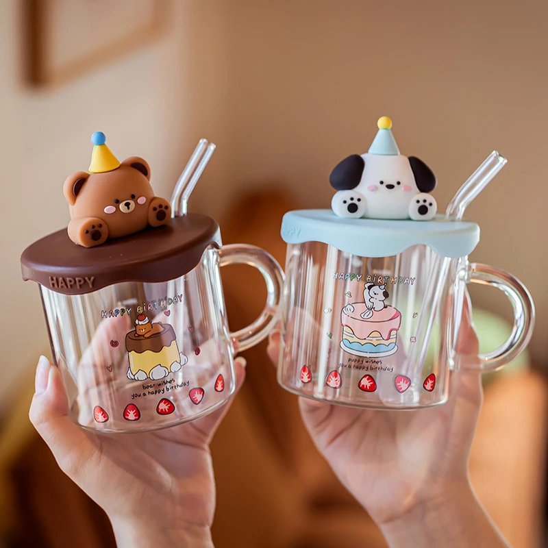 精东家生日礼物可爱高硼硅玻璃杯家用喝水杯办公室小众带盖吸管杯