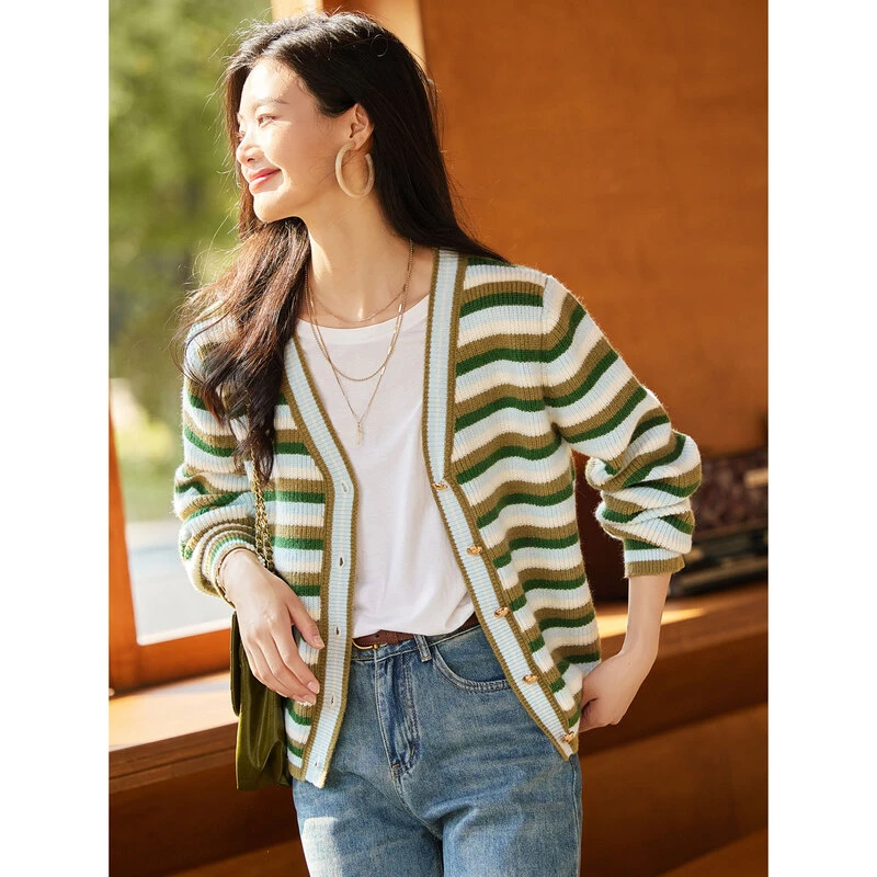 时尚气质条纹毛针织开衫SXMY23063