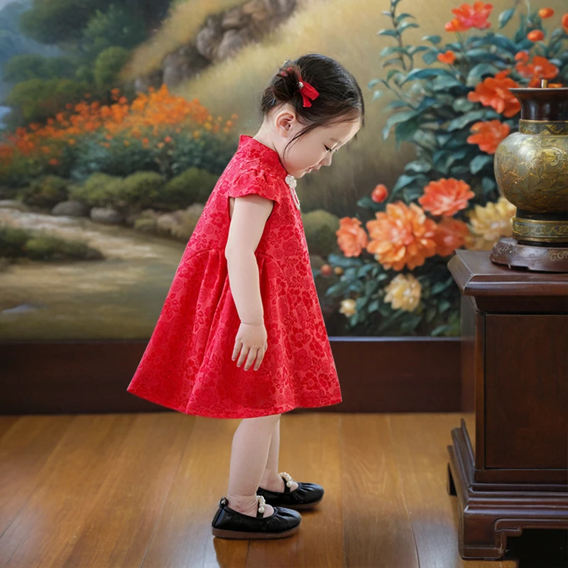 女宝周岁礼服夏季中国风2024新款儿童唐装宝宝红色抓周旗袍公主裙