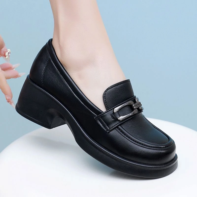 软皮软底厚底乐福鞋工作鞋女春秋新款粗跟轻便英伦风小皮鞋一脚蹬