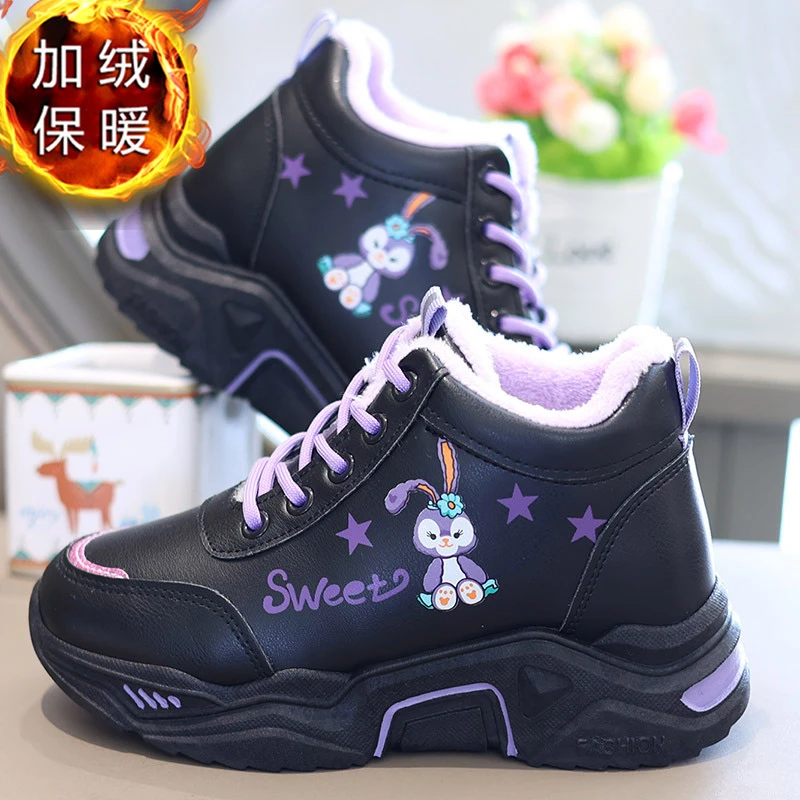 女童高筒鞋子加绒2022冬季黑色儿童皮面保暖休闲板鞋小女孩运动鞋