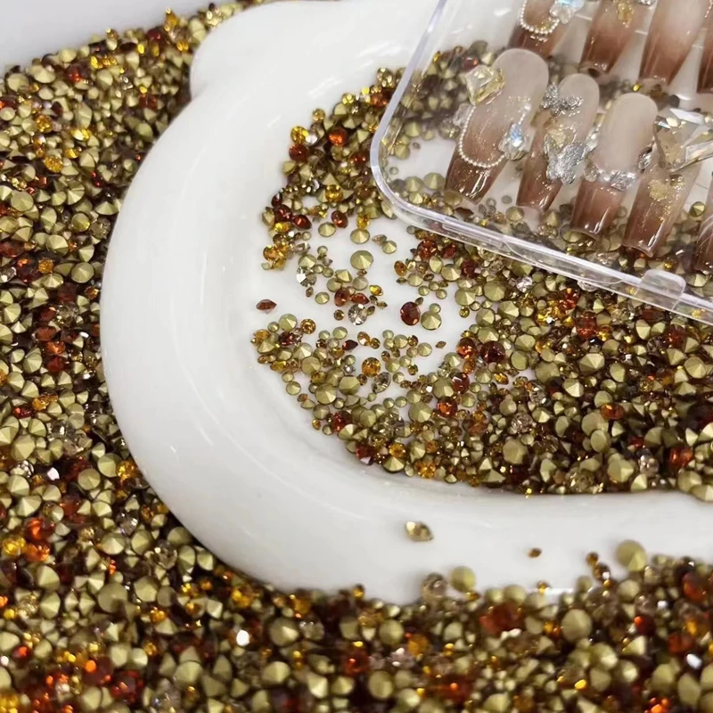 1000颗大小混装尖底钻美拉德色系K9钻尖底堆钻球超闪雅丹风指甲钻