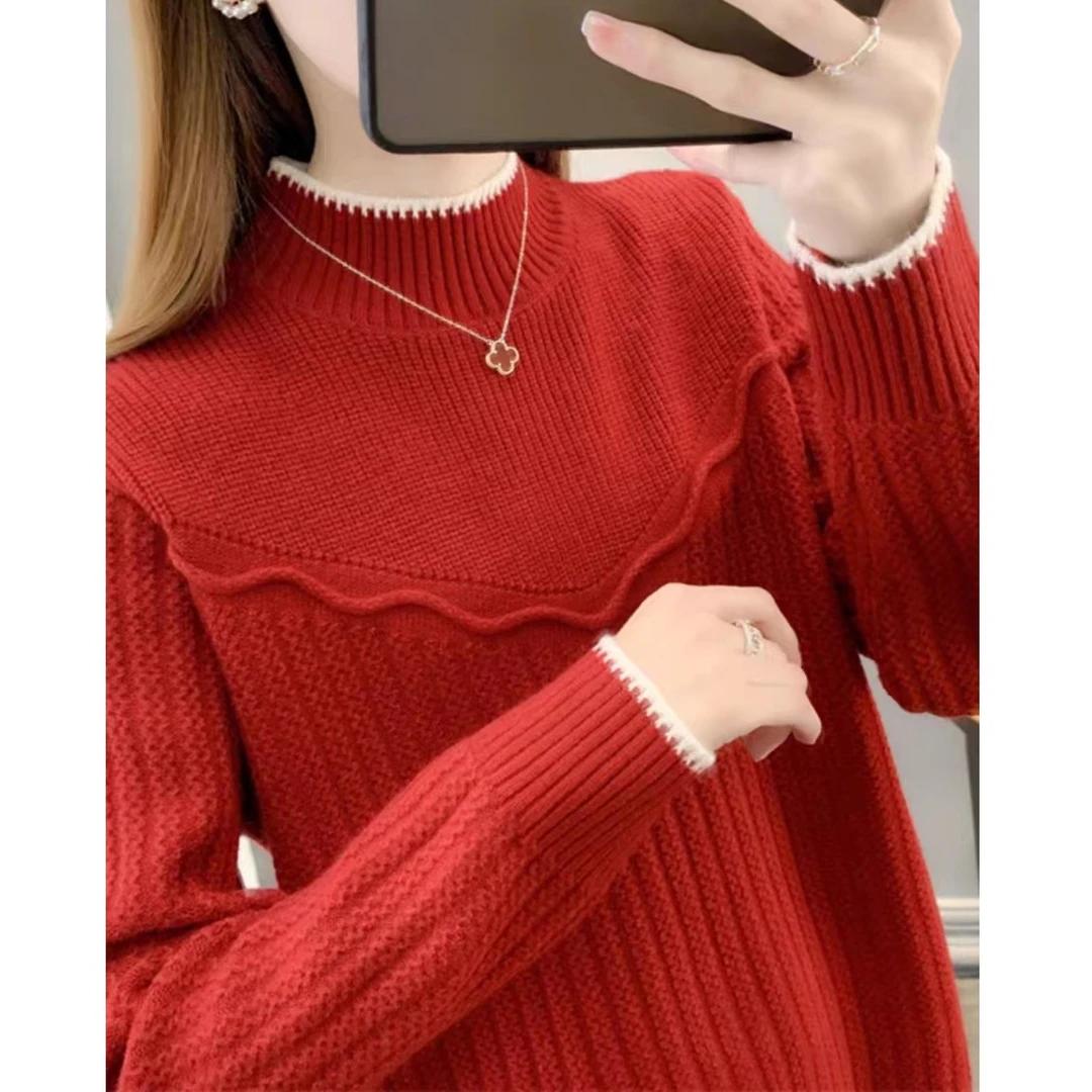 加厚毛衣酒红色毛衣上衣打底衫针织宽松套头半高领南瓜色毛衣外套