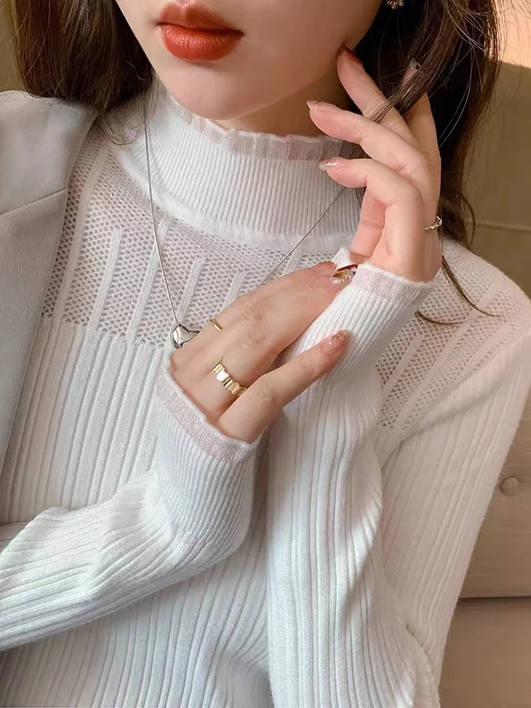 2024秋冬新款弹力修身网纱蕾丝洋气百搭网红针织打底毛衣女