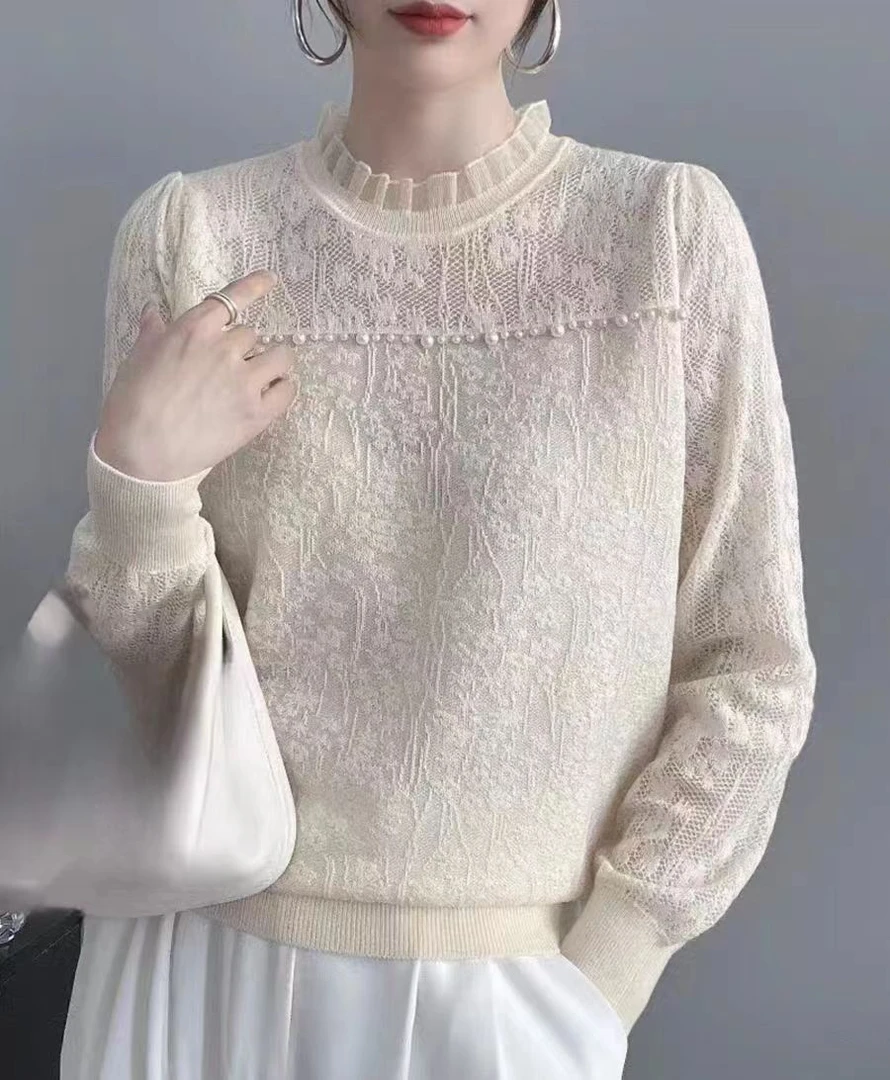 春季蕾丝新款时尚针织打底衫洋气百搭圆领女士上衣针织衫