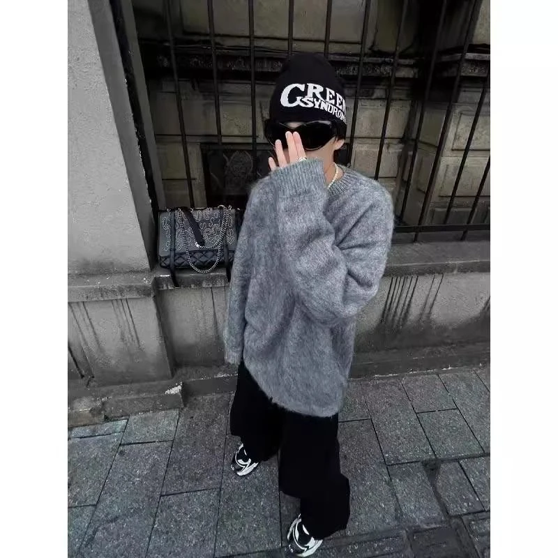 美式复古马海毛深灰色圆领毛衣男慵懒风高级感cleanfit针织衫外套