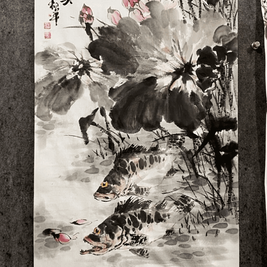 绘画海****人手绘国画荷花鳜鱼