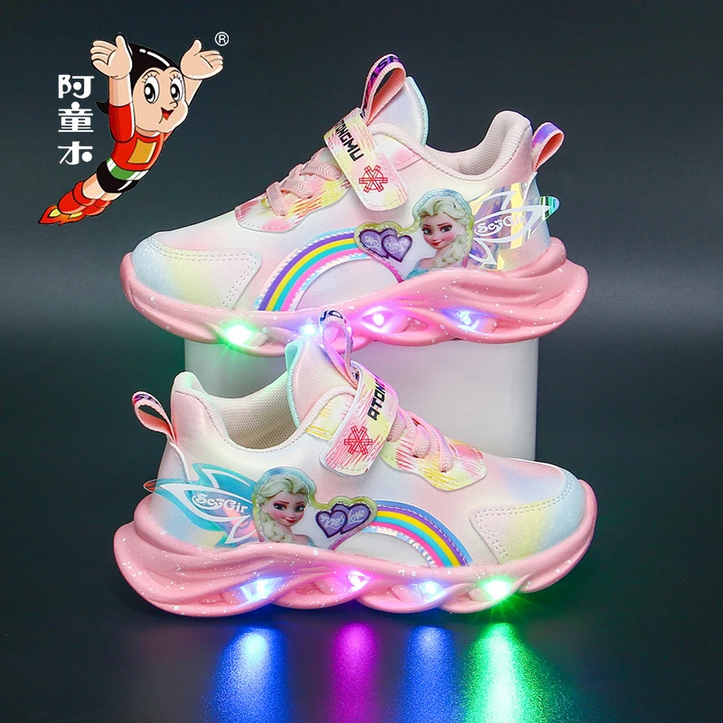 atongmu/阿童木带灯女童鞋2024春秋新款网面皮面防滑儿童运动鞋子