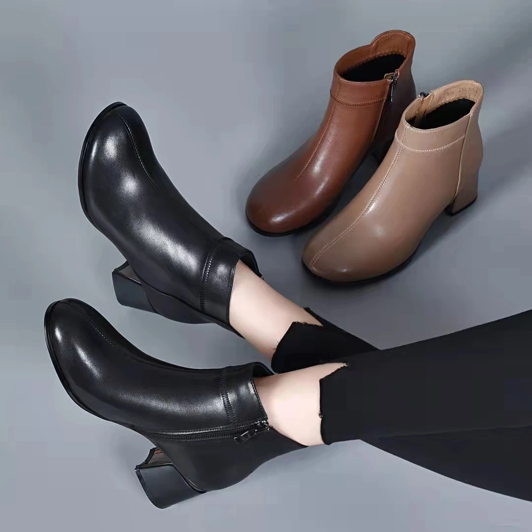 【工厂直销】2023秋冬时尚复古粗跟真皮软底圆头舒适百搭加绒小裸靴