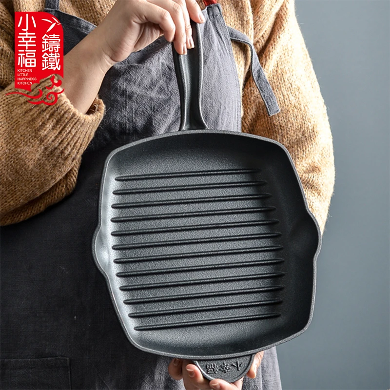 加厚条纹牛排锅煎锅烙汉堡机平底不粘锅耐用无涂层煎牛排铸铁锅