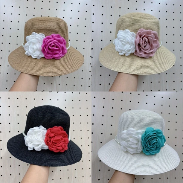 2024新款夏季草帽女花朵珍珠遮阳帽沙滩度假渔夫帽防晒遮阳款礼帽
