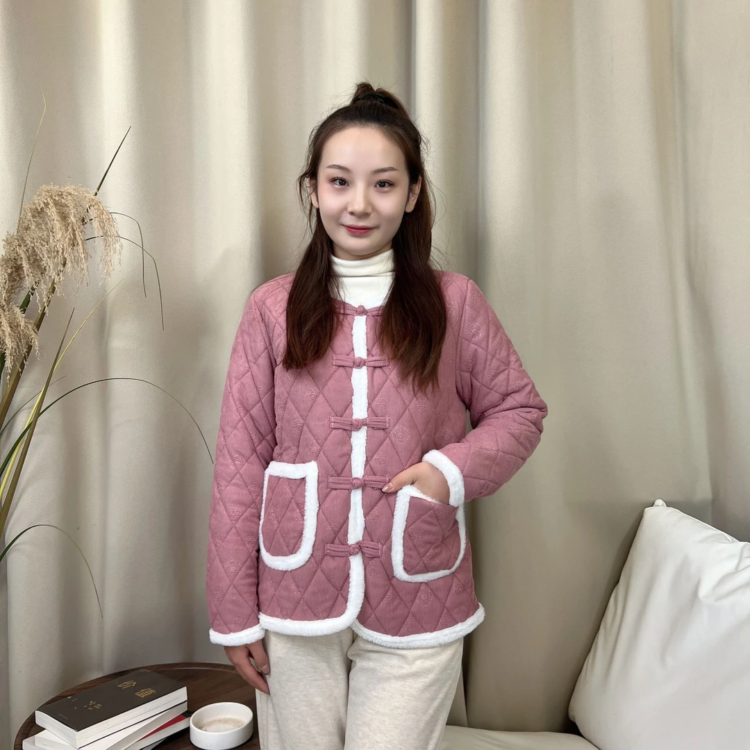 2024新品小香风仿兔毛新中式国风棉衣棉袄加绒加厚款女士保暖圆领