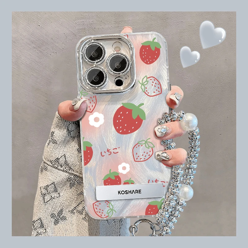 适用苹果VIVO华为OPPO小米手机壳草莓手机壳带镜头膜创意亚克力