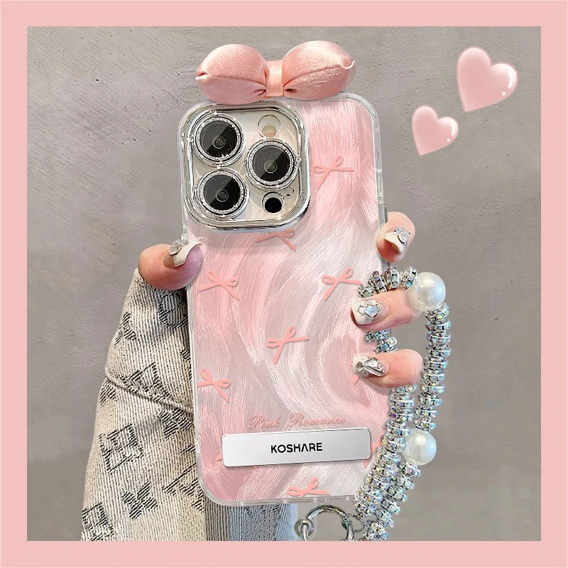 适用苹果VIVO华为OPPO小米手机壳粉色蝴蝶结手机壳带镜头膜创意