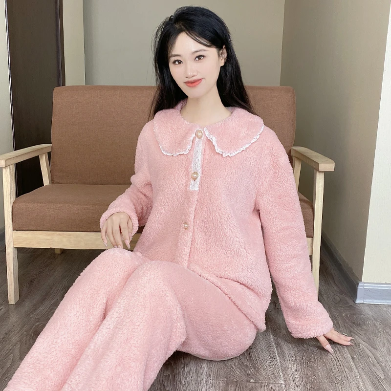 秋冬新款女士睡衣珊瑚绒加绒保暖甜美少女生学生家居服套装Y136