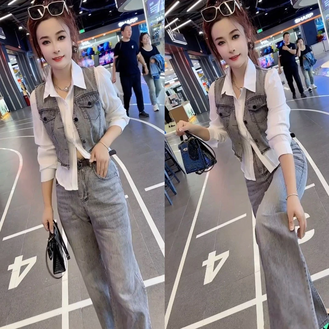 2024秋时尚牛仔马甲衬衫三件套女轻奢洋气韩版时尚休闲套装爆款