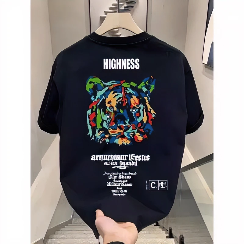 2024新款夏季男士潮牌老虎头印花纯棉T恤大码圆领网红短袖