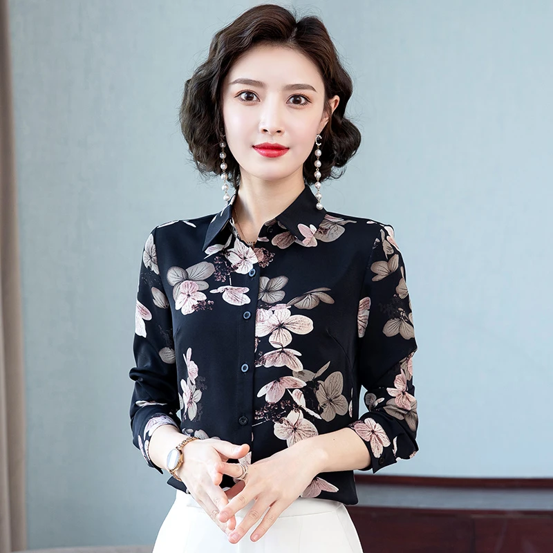 气质黑色印花雪纺衬衫女2023年春秋装新款洋气中年妈妈装时尚上衣