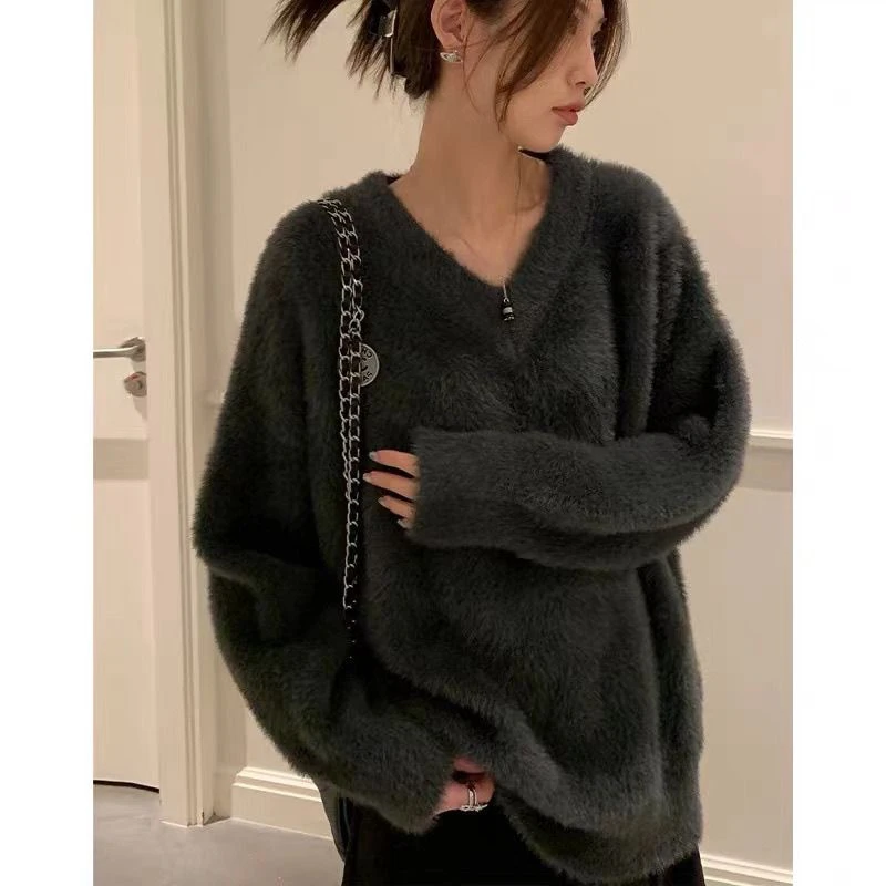 仿水貂毛衣女中长款秋冬新款加厚宽松慵懒风v领纯色针织衫上衣潮