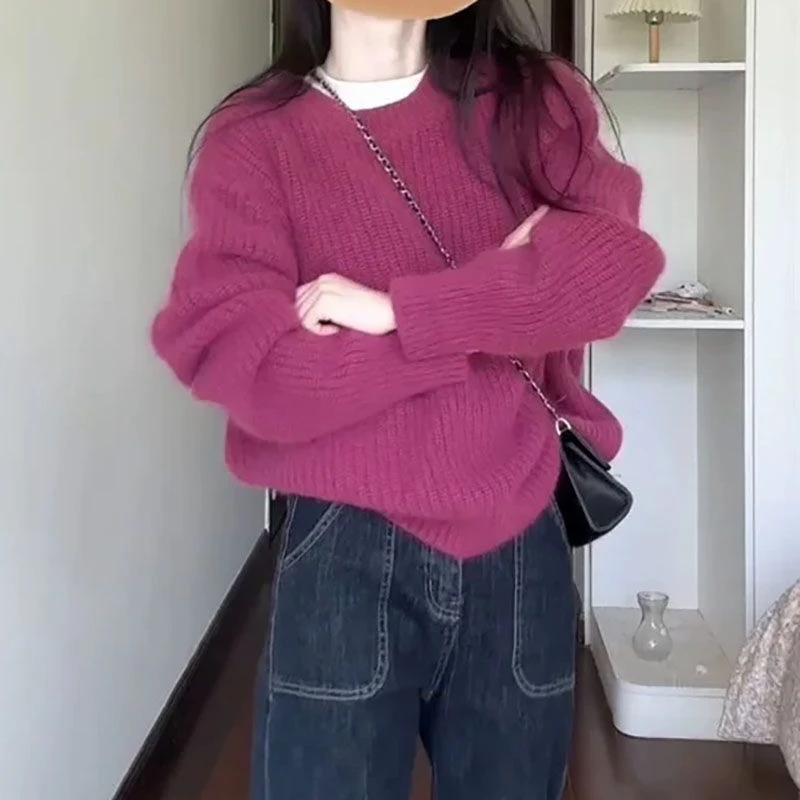 日系复古梅紫色圆领软糯套头毛衣女秋冬慵懒风宽松针织衫上衣