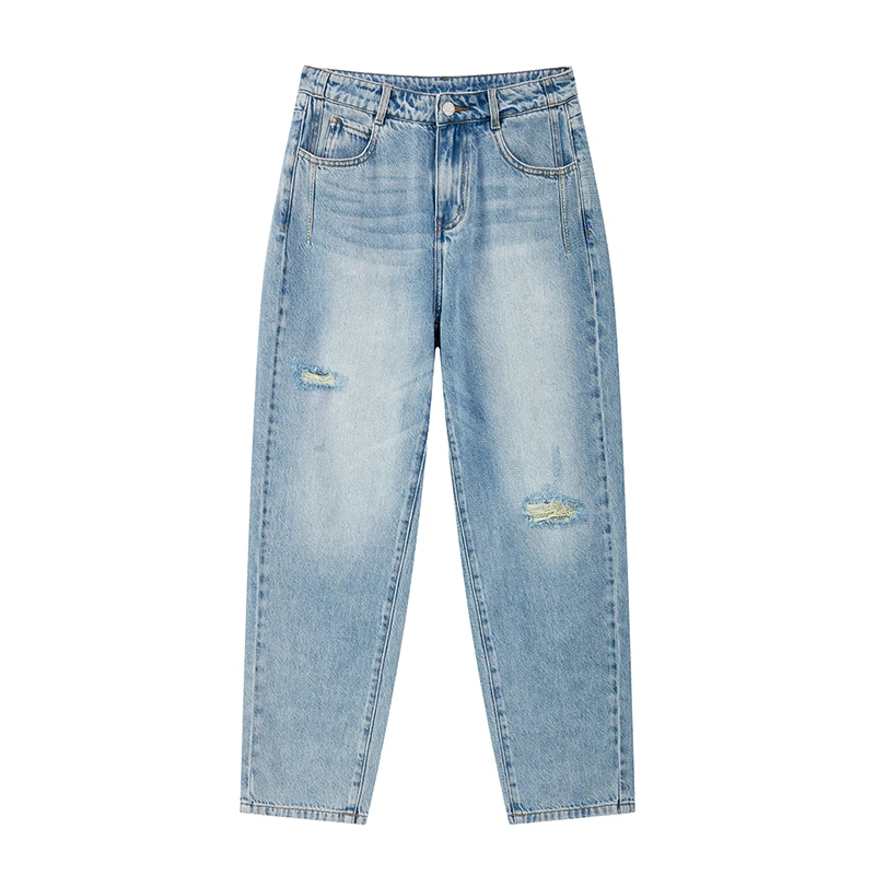 【达人专属】复古简约通勤牛仔裤高腰破洞裤子潮S2615