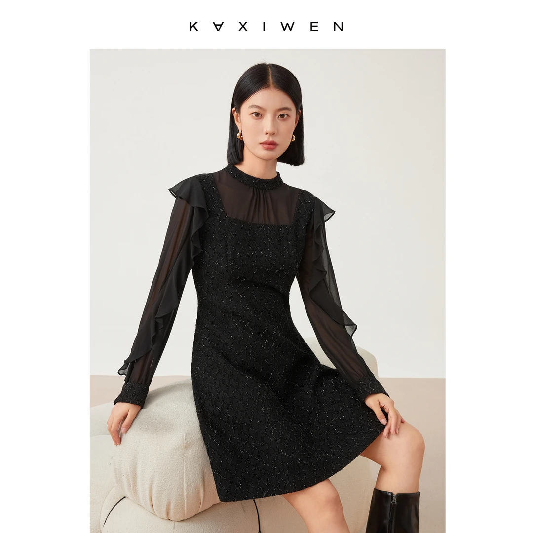 【直播专享】立领亮丝拼接烫钻气质连衣裙X10ALE8103