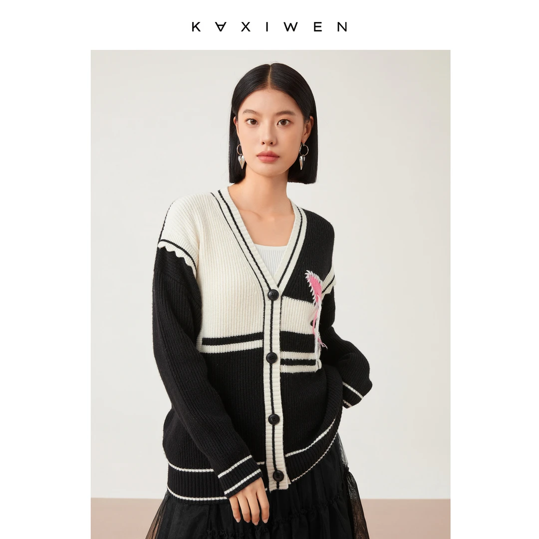 【小余专属】绳绣设计感时尚宽松V领开衫针织衫D09BZS9533