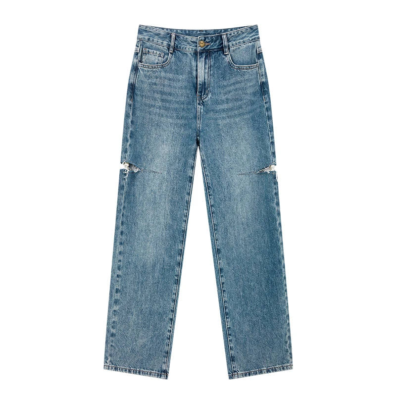 【女乔专属】复古珍珠破洞直筒裤子S1621