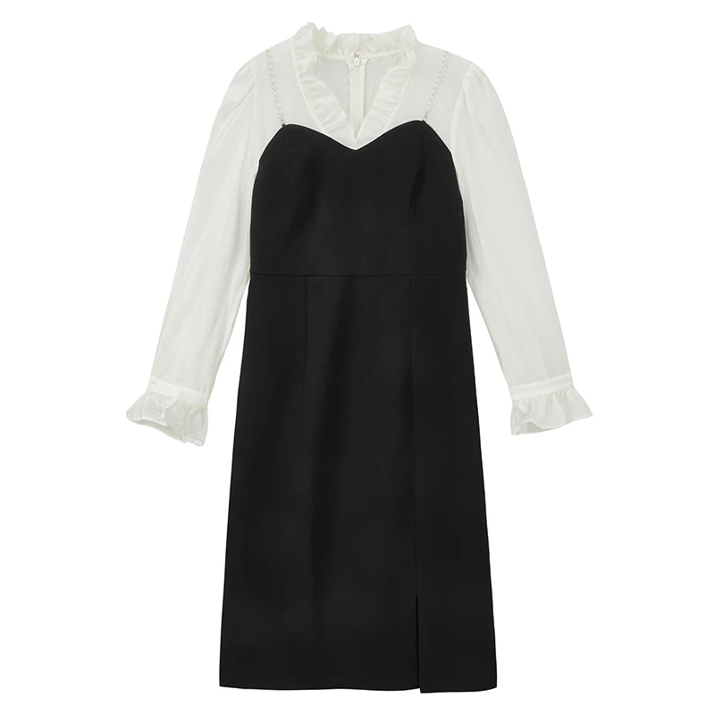 【达人专属】法式拼接优雅气质假两件开叉裙子S1088