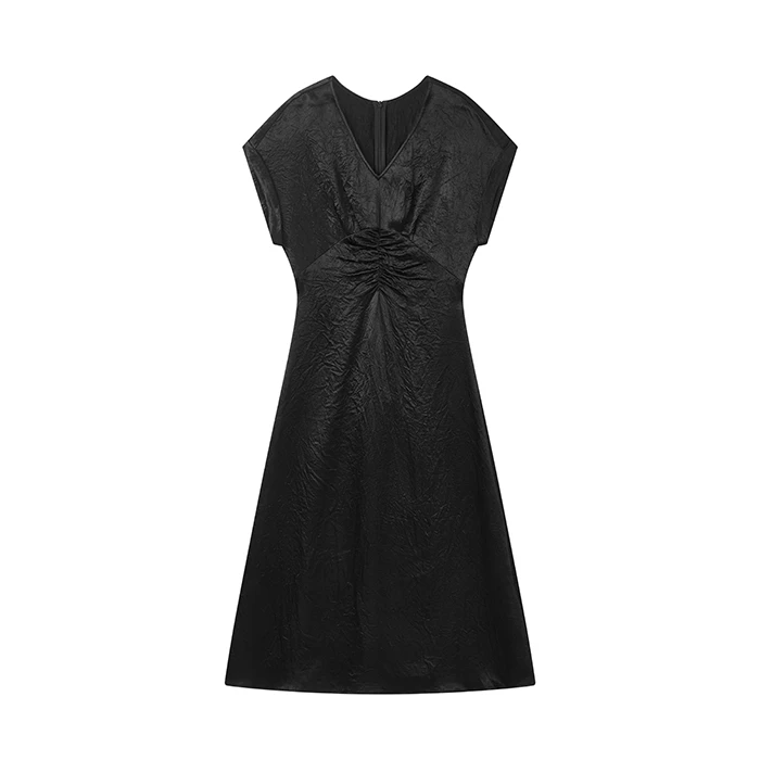 【九月专属】简约时尚醋酸连衣裙肌理褶皱中长款小黑裙D05ALN6099