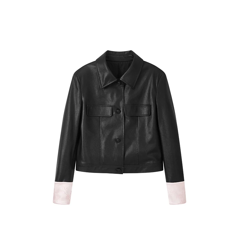 【女乔专属】复古袖口撞色皮外套N7043