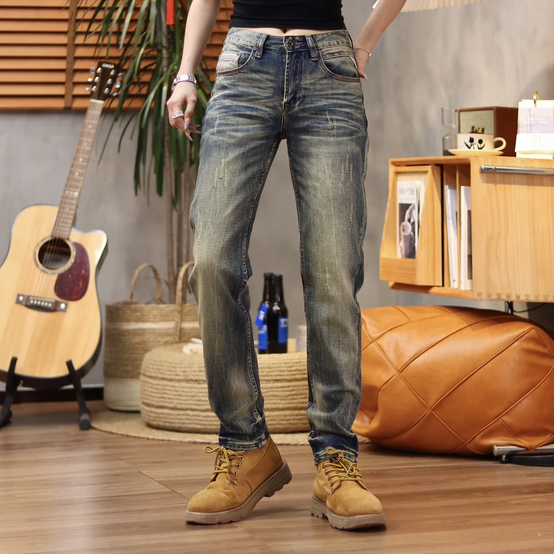 【西部黄昏】高端重工复古猫须猫爪刺绣中高腰修身小直筒牛仔裤男士