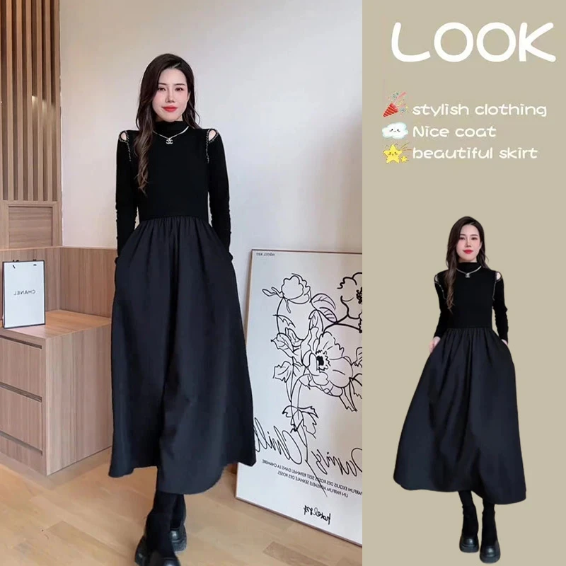 A130秋季新款轻奢贵气独特漂亮赫本风复古chic针织长裙打底连衣裙