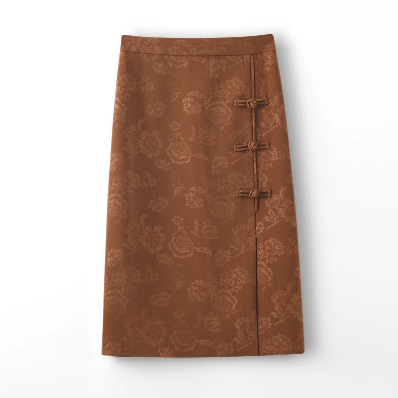 新中式印花半身裙女2024秋高腰盘扣开叉一步裙国风A字包臀裙23211