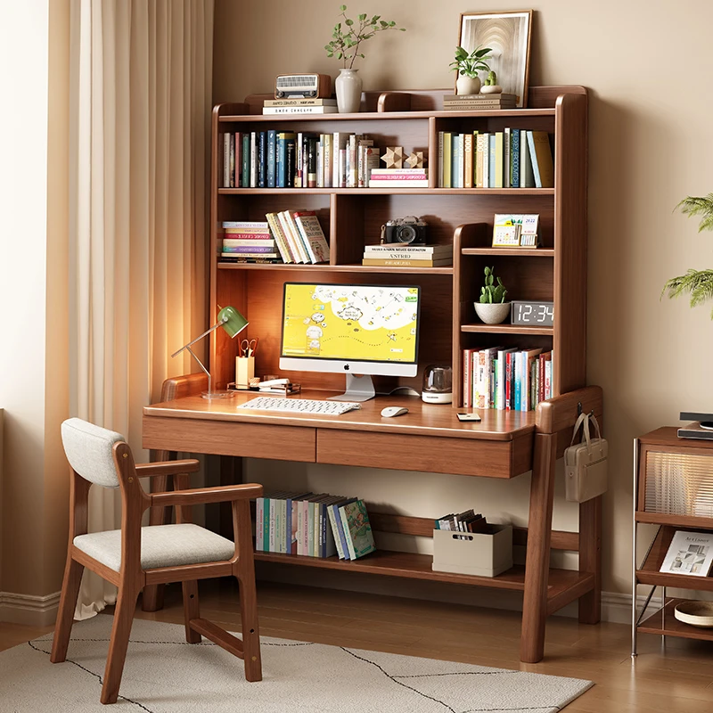 实木书桌书架一体升降电脑桌卧室学生写字桌简约高中生专用学习桌