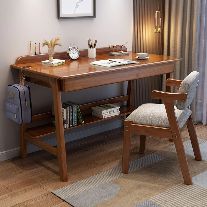 学生实木书桌办公桌书房家用单人学习桌书架组合书 柜一体电脑桌