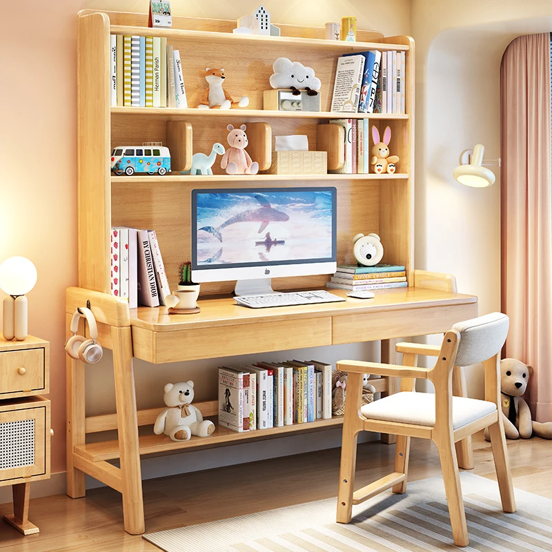 实木书桌书架一体升降电脑桌卧室学生写字桌简约高中生专用学习桌