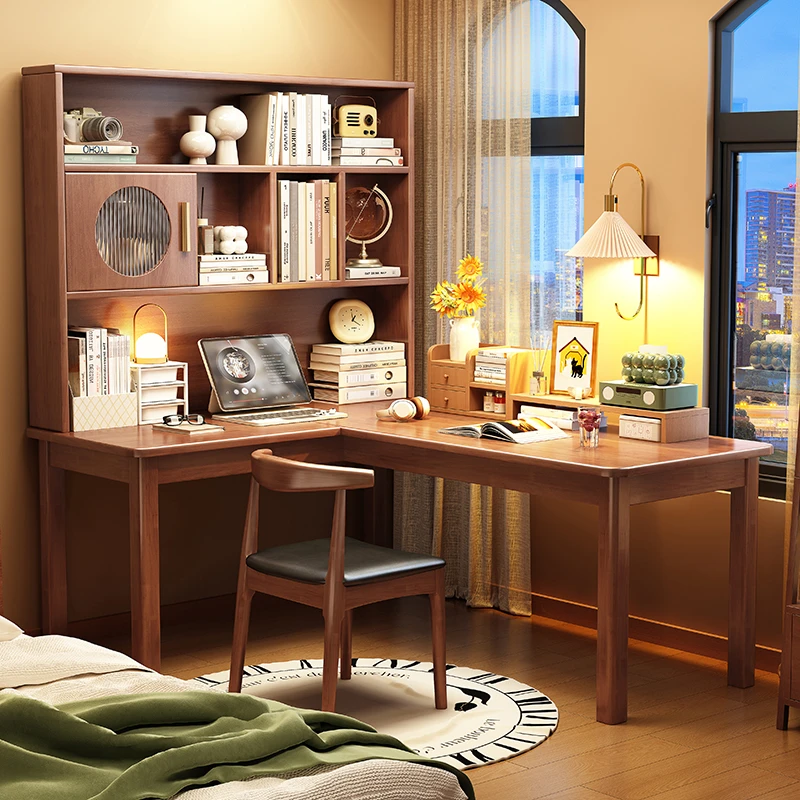 转角实木书桌书架家用学生学习桌多功能写字桌高书架儿童桌椅单桌