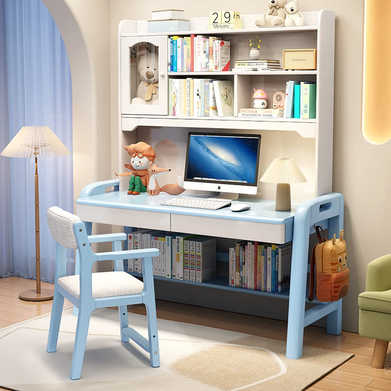 书桌实木书架一体家用初中小学生写字台式电脑桌卧室儿童学习桌子
