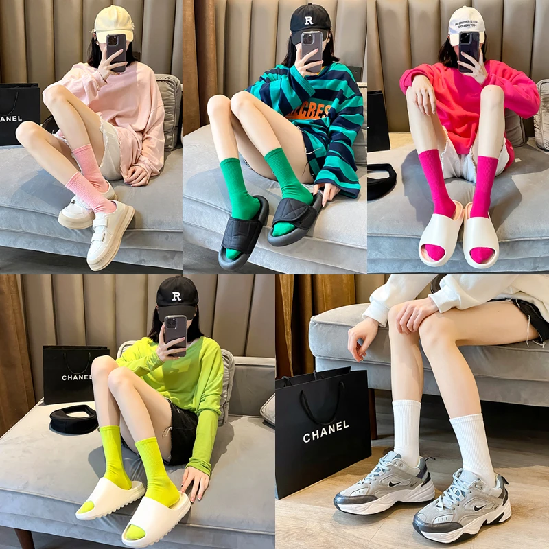 多巴胺袜子女彩色超火夏季薄款长款搭配老爹鞋鲨鱼裤高腰中筒袜