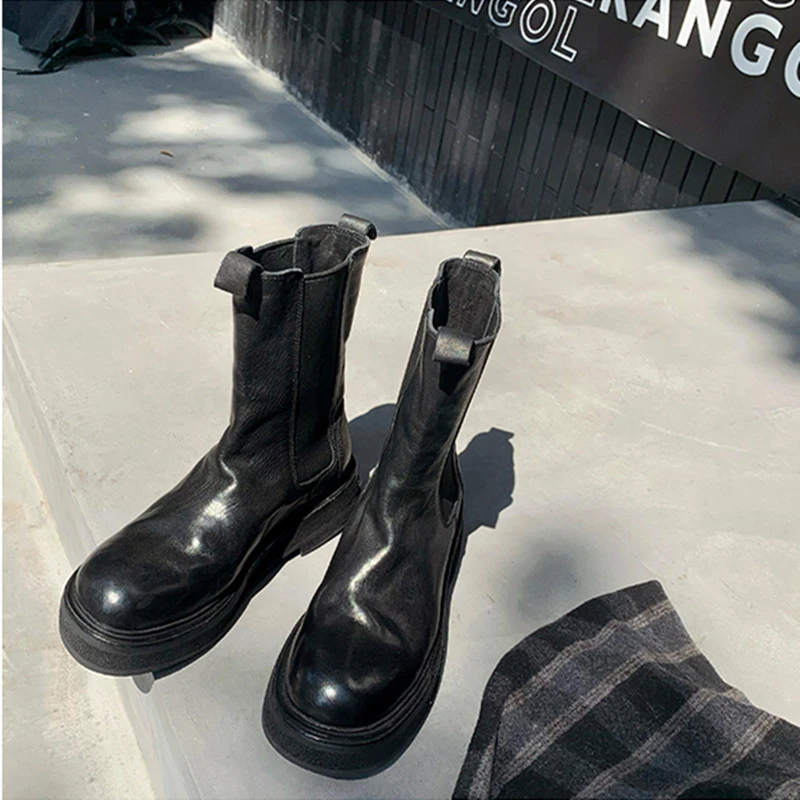 葡萄妈同款2023新款缩纹真皮厚底烟筒切尔西短靴女秋冬季马丁靴