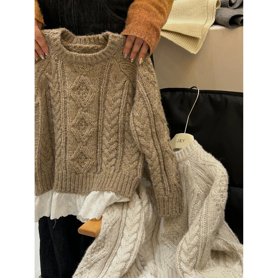 6348秋冬款女童毛衣韩系宽松圆领套头麻花针织衫拼接花边毛衣