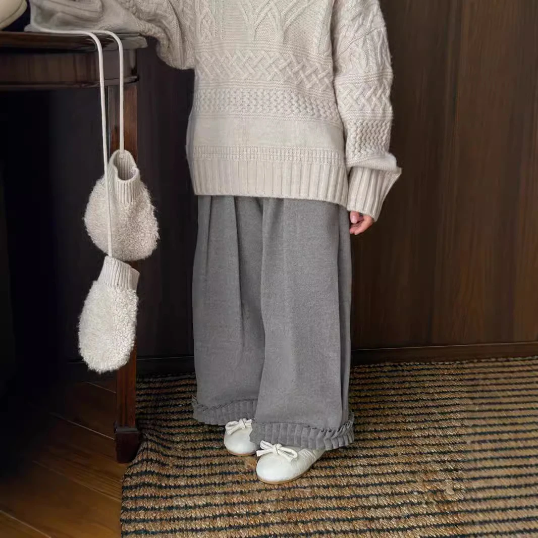 6302特 女童裤子韩国童装2024新款木耳边女童加绒裤子阔腿裤