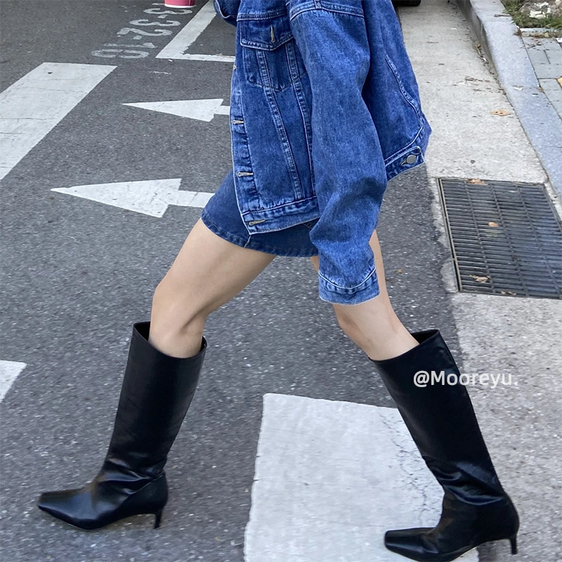 欧美风鳄鱼纹粗腿长筒靴大筒围显瘦靴子细跟黑色长靴复古高跟靴潮