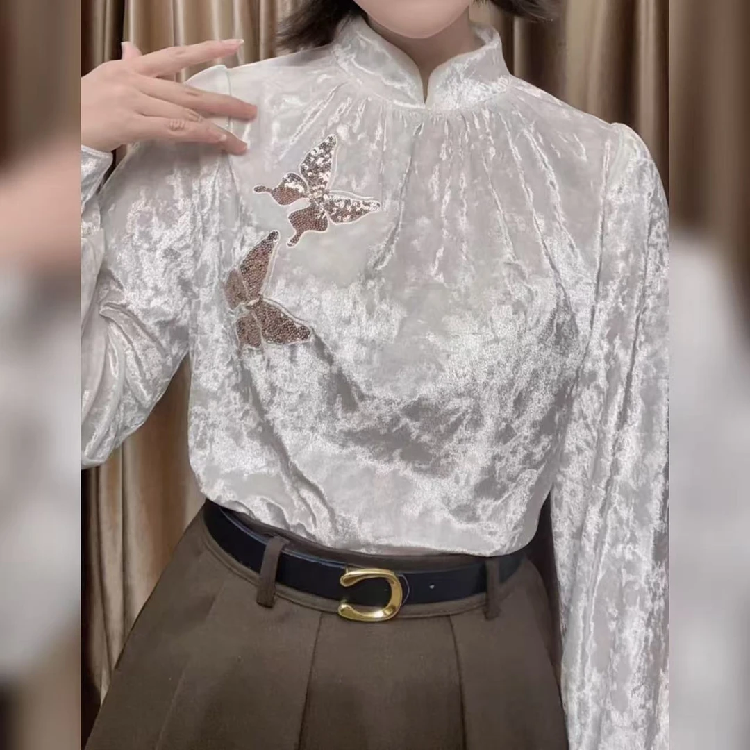 国风立领白色丝绒衬衫女设计感秋冬法式独特别致超好看长袖上衣
