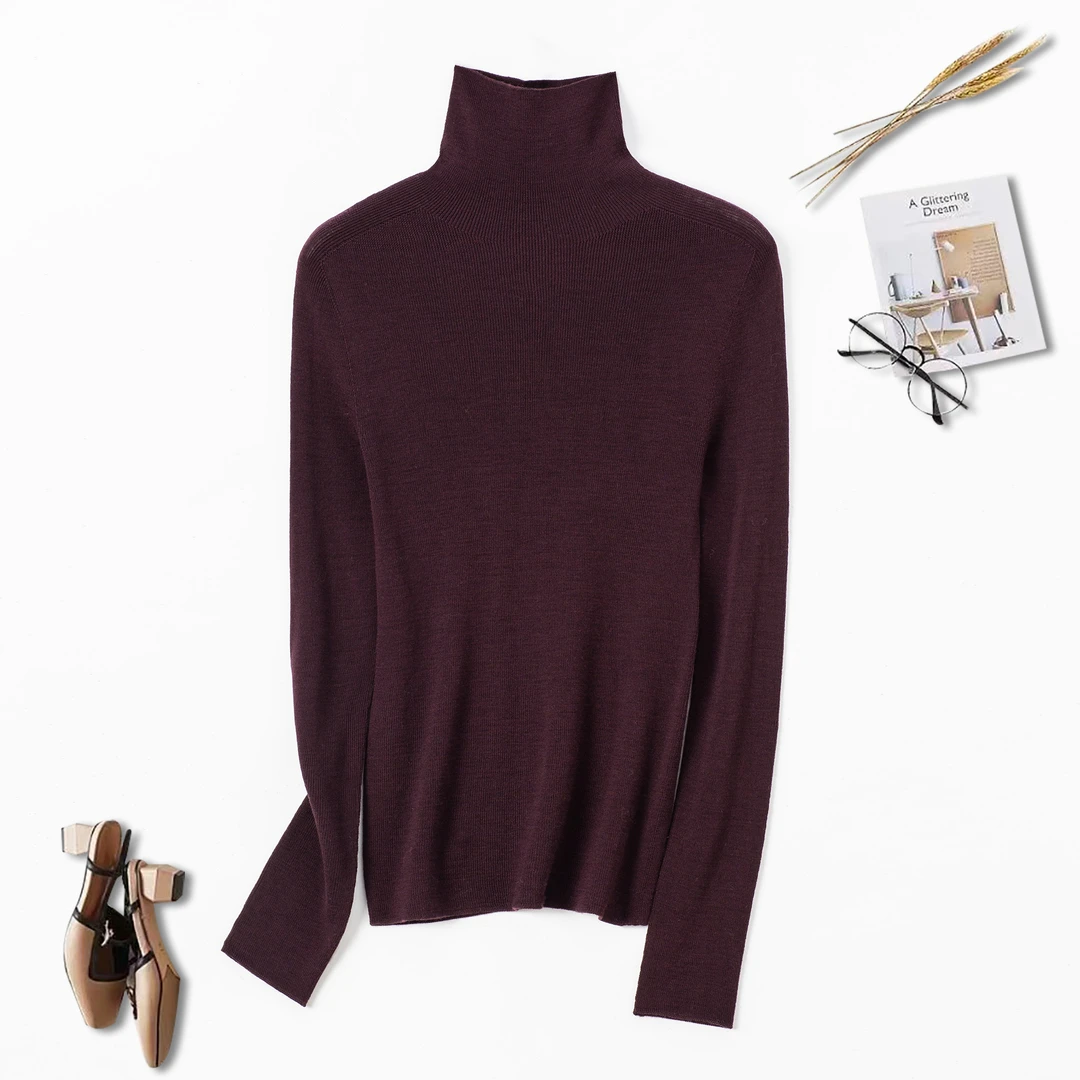 高领【100%精纺羊毛衫】紧密纺真60支18针可机洗无缝女款长袖